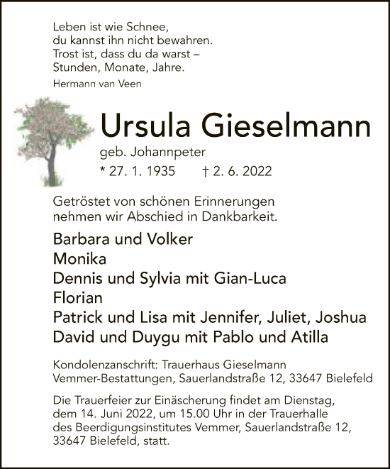 Traueranzeige von Ursula Gieselmann von Neue Westfälische