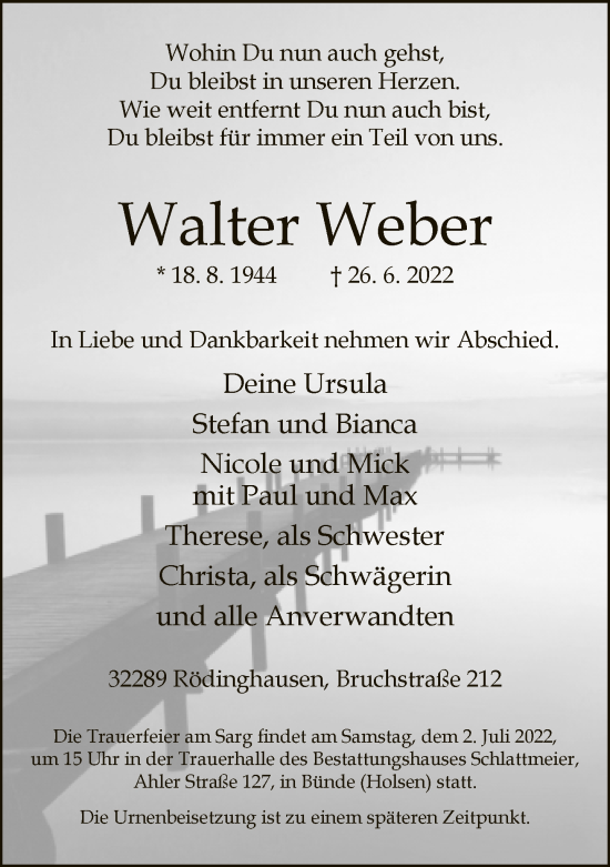 Traueranzeige von Walter Weber von Neue Westfälische