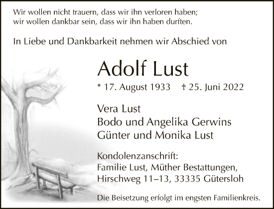 Traueranzeige von Adolf Lust von Neue Westfälische