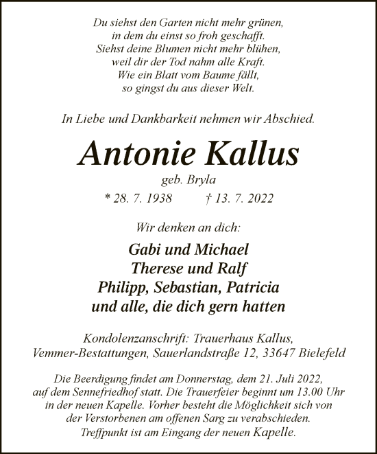 Traueranzeige von Antonie Kallus von Neue Westfälische