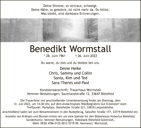 Traueranzeige von Benedikt Wormstall von Neue Westfälische