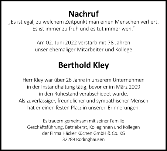 Traueranzeige von Berthold Kley von Neue Westfälische