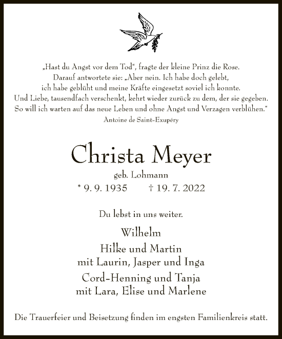 Traueranzeige von Christa Meyer von Neue Westfälische
