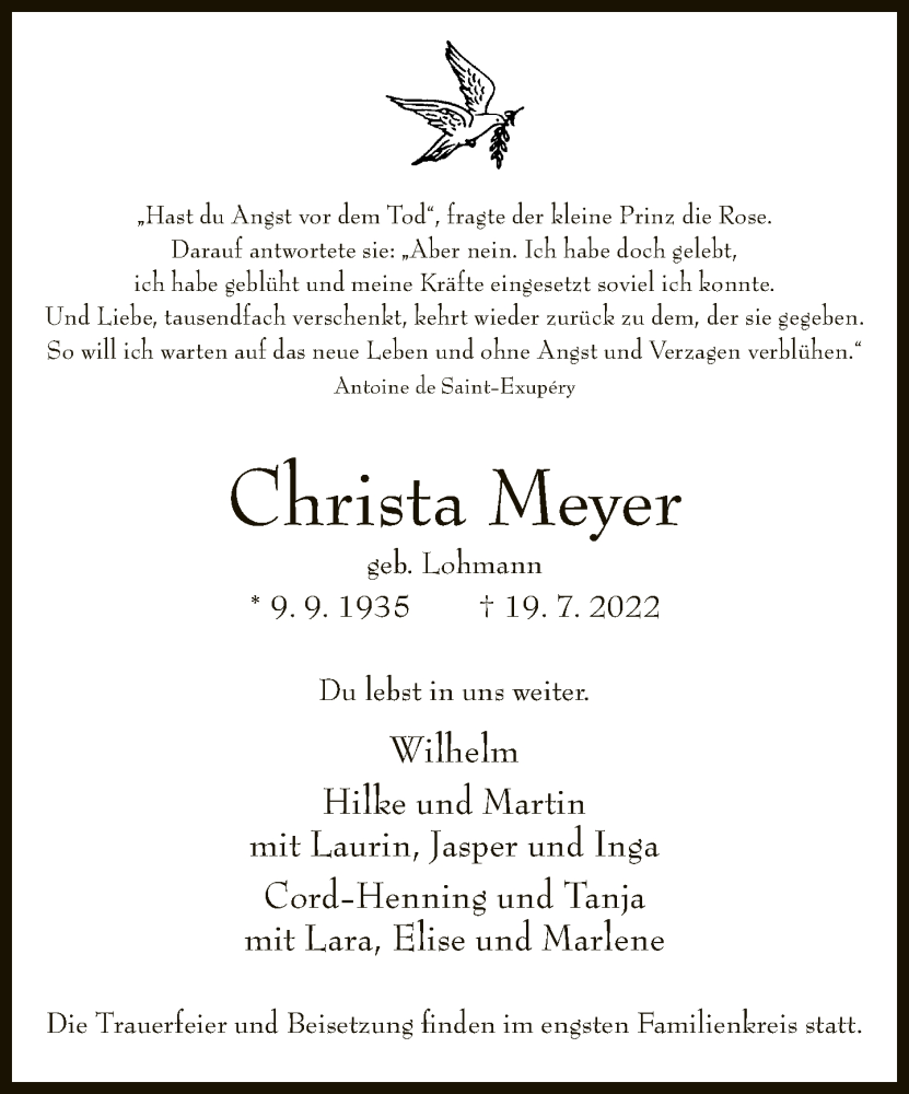  Traueranzeige für Christa Meyer vom 23.07.2022 aus Neue Westfälische