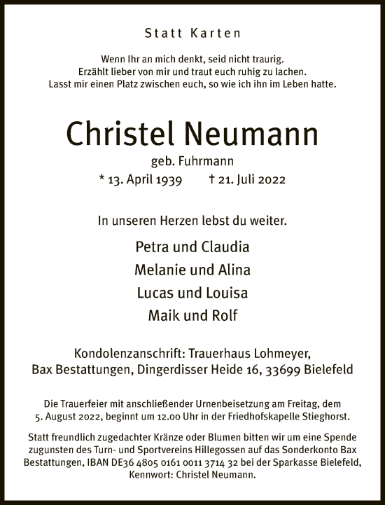 Traueranzeige von Christel Neumann von Neue Westfälische