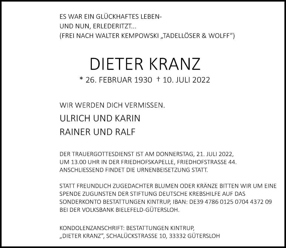  Traueranzeige für Dieter Kranz vom 16.07.2022 aus Neue Westfälische