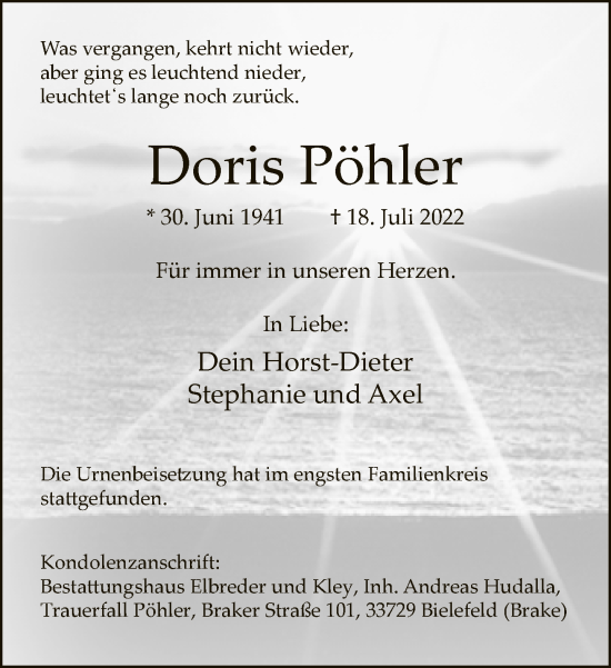 Traueranzeige von Doris Pöhler von Neue Westfälische