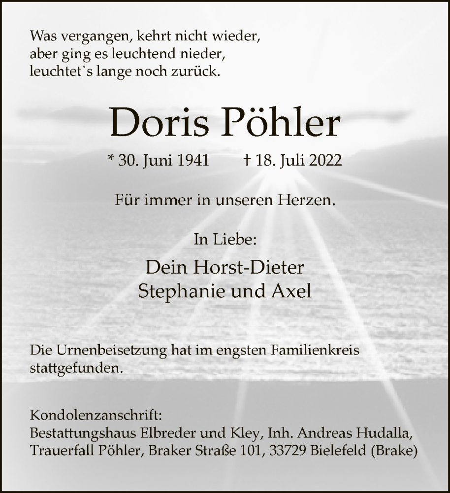  Traueranzeige für Doris Pöhler vom 30.07.2022 aus Neue Westfälische