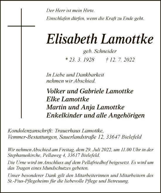 Traueranzeige von Elisabeth Lamottke von Neue Westfälische