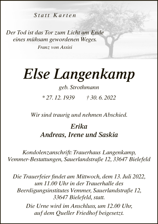 Traueranzeige von Else Langenkamp von Neue Westfälische