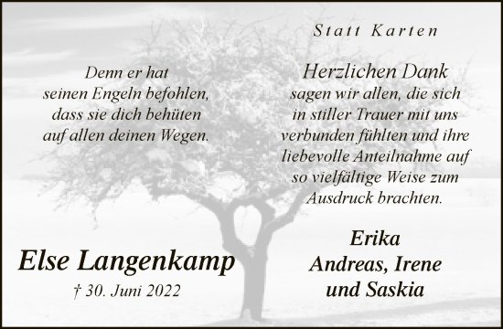 Traueranzeige von Else Langenkamp von Neue Westfälische