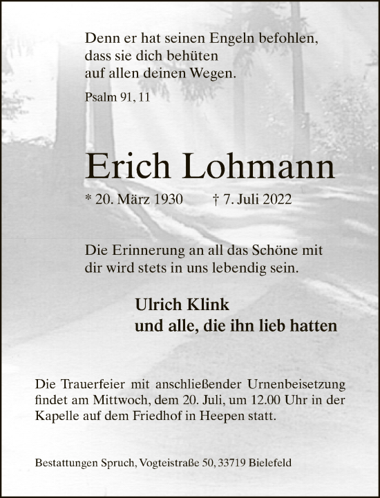 Traueranzeige von Erich Lohmann von Neue Westfälische