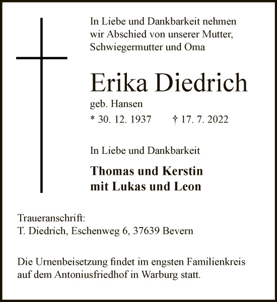 Traueranzeige von Erika Diedrich von Neue Westfälische