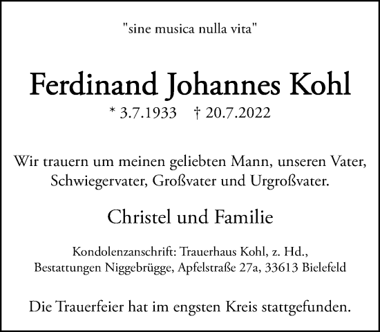 Traueranzeige von Ferdinand Johannes Kohl von Neue Westfälische