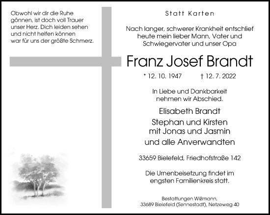 Traueranzeige von Franz Josef Brandt von Neue Westfälische