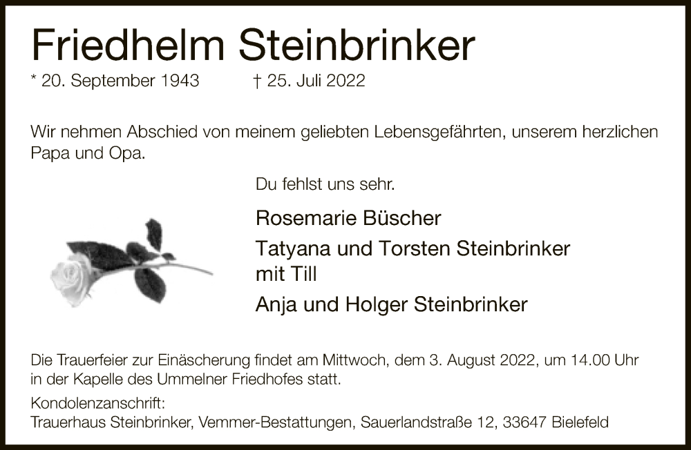  Traueranzeige für Friedhelm Steinbrinker vom 30.07.2022 aus Neue Westfälische