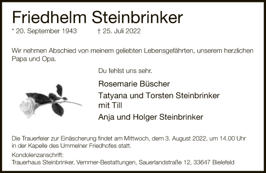 Traueranzeige von Friedhelm Steinbrinker von Neue Westfälische