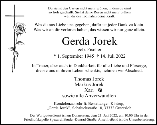 Traueranzeige von Gerda Jorek von Neue Westfälische