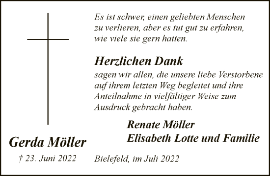 Traueranzeige von Gerda Möller von Neue Westfälische