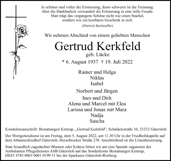 Traueranzeige von Gertrud Kerkfeld von Neue Westfälische