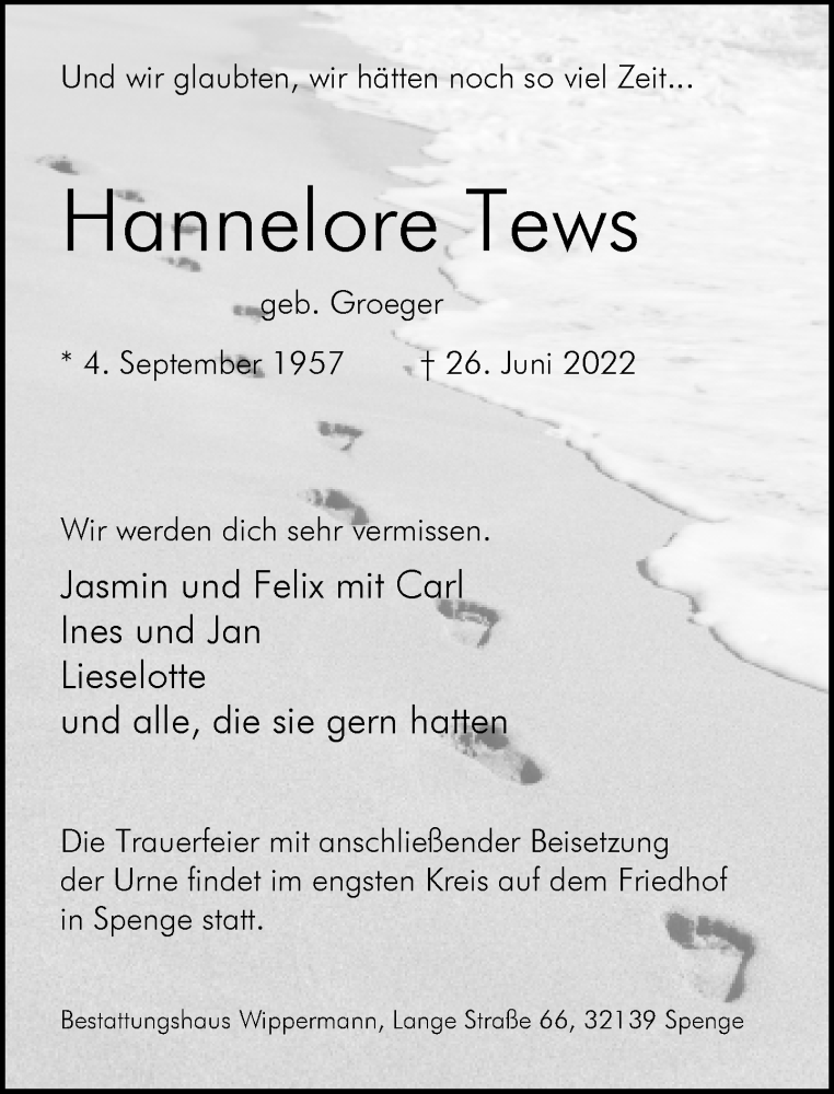  Traueranzeige für Hannelore Tews vom 01.07.2022 aus Neue Westfälische