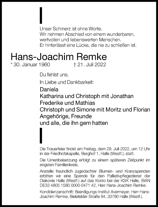 Traueranzeige von Hans-Joachim Remke von Neue Westfälische