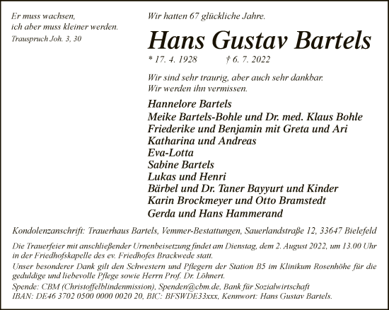 Traueranzeige von Hans Gustav Bartels von Neue Westfälische