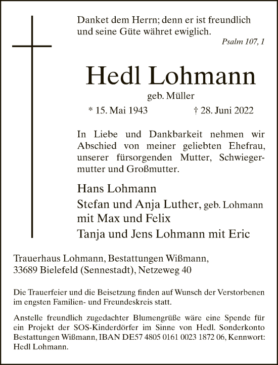 Traueranzeige von Hedl Lohmann von Neue Westfälische