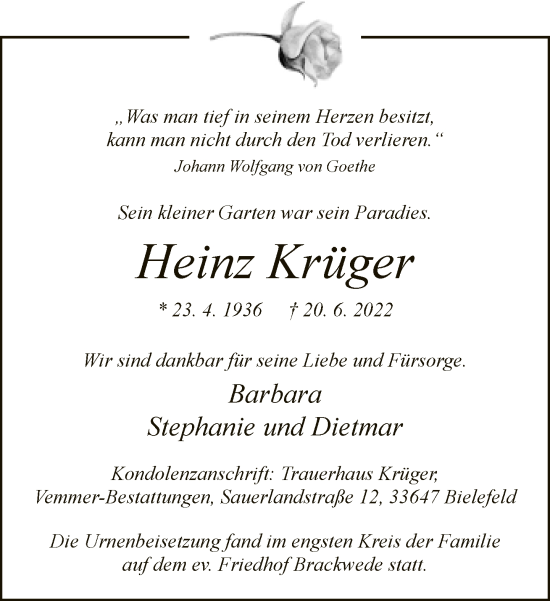 Traueranzeige von Heinz Krüger von Neue Westfälische