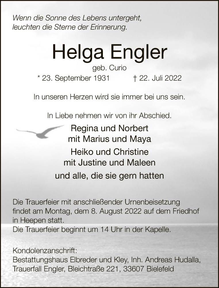  Traueranzeige für Helga Engler vom 30.07.2022 aus Neue Westfälische