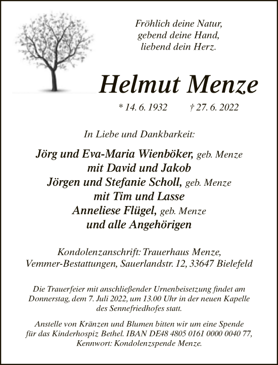 Traueranzeige von Helmut Menze von Neue Westfälische