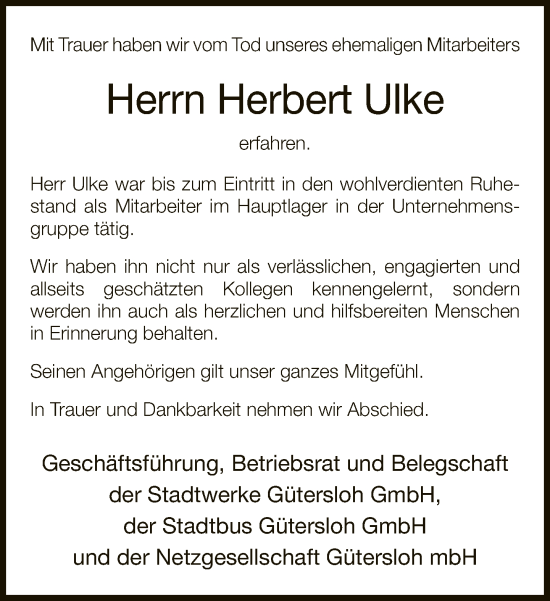 Traueranzeige von Herbert Ulke von Neue Westfälische