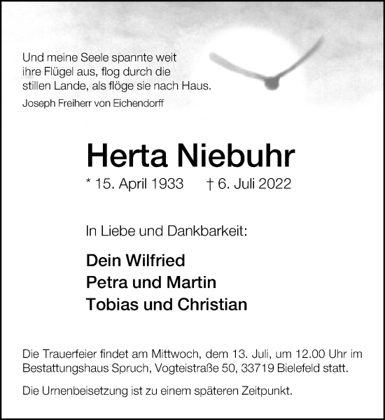 Traueranzeige von Herta Niebuhr von Neue Westfälische