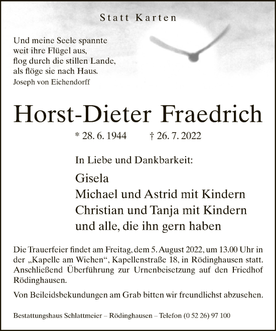 Traueranzeige von Horst-Dieter Fraedrich von Neue Westfälische