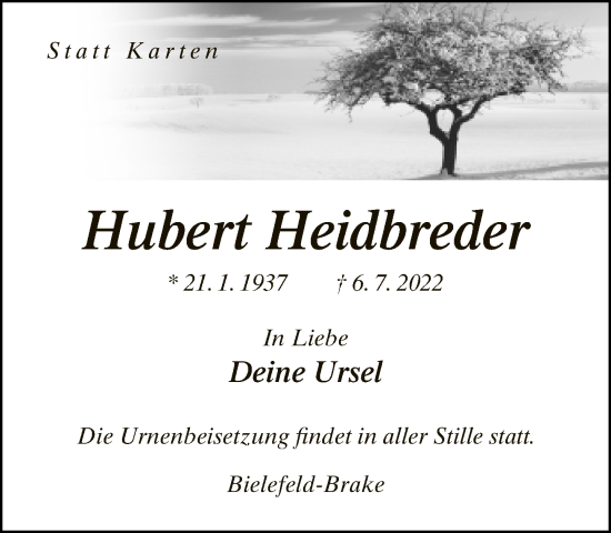 Traueranzeige von Hubert Heidbreder von Neue Westfälische