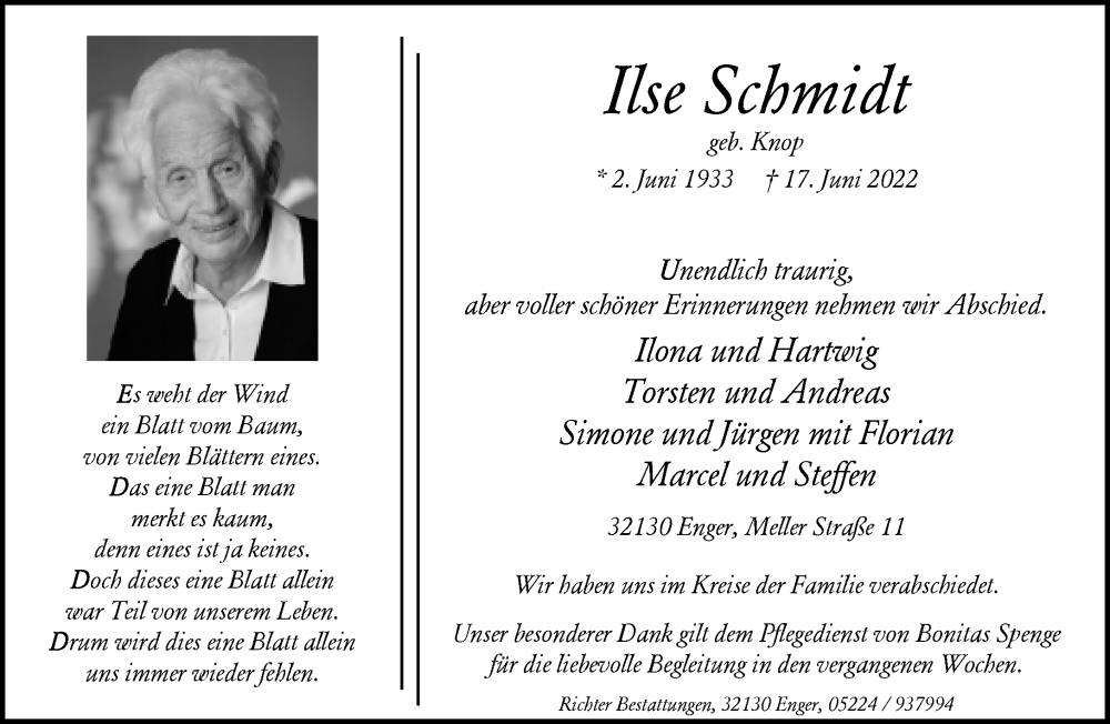  Traueranzeige für Ilse Schmidt vom 02.07.2022 aus Neue Westfälische