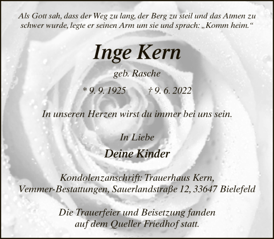 Traueranzeige von Inge Kern von Neue Westfälische