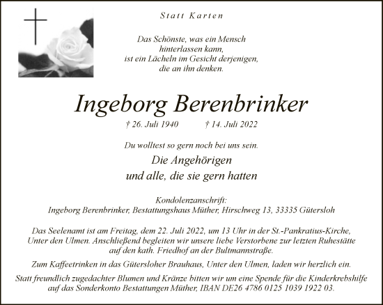 Traueranzeige von Ingeborg Berenbrinker von Neue Westfälische