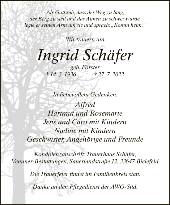 Traueranzeige von Ingrid Schäfer von Neue Westfälische
