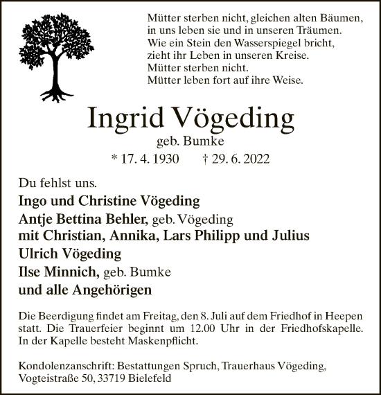 Traueranzeige von Ingrid Vögeding von Neue Westfälische