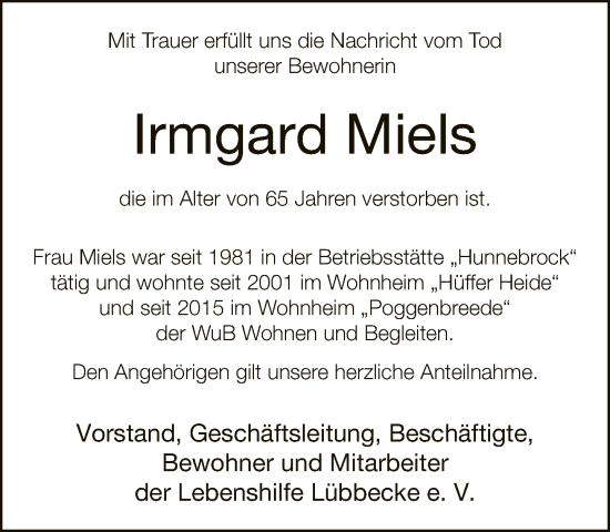 Traueranzeige von Irmgard Miels von Neue Westfälische