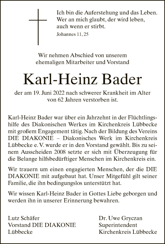 Traueranzeige von Karl-Heinz Bader von Neue Westfälische