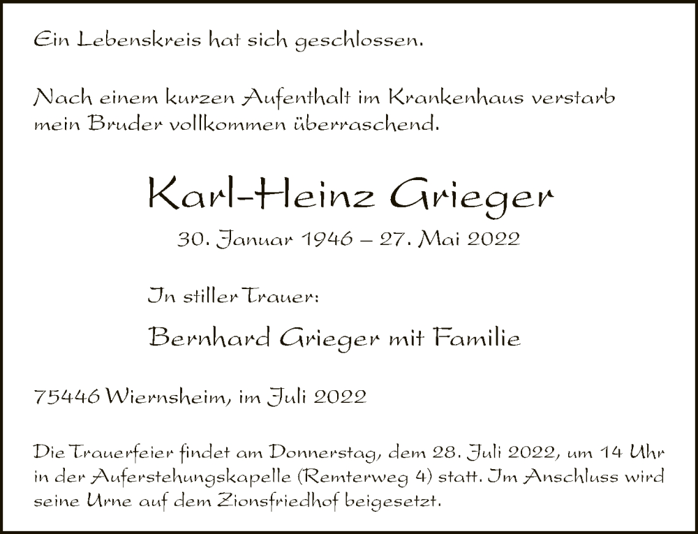  Traueranzeige für Karl-Heinz Grieger vom 16.07.2022 aus Neue Westfälische