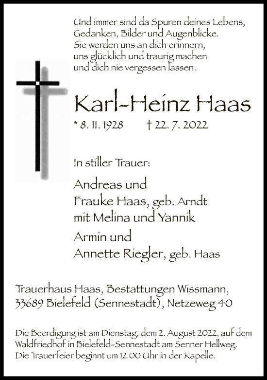 Traueranzeige von Karl-Heinz Haas von Neue Westfälische