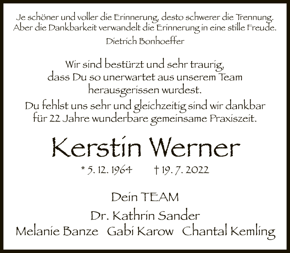  Traueranzeige für Kerstin Werner vom 30.07.2022 aus Neue Westfälische