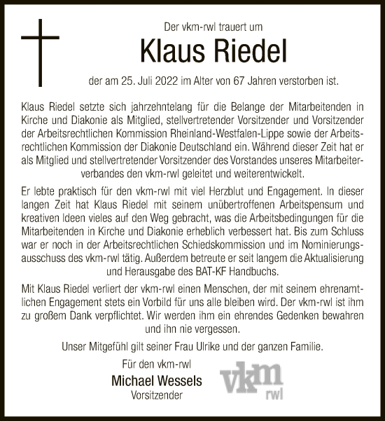 Traueranzeige von Klaus Riedel