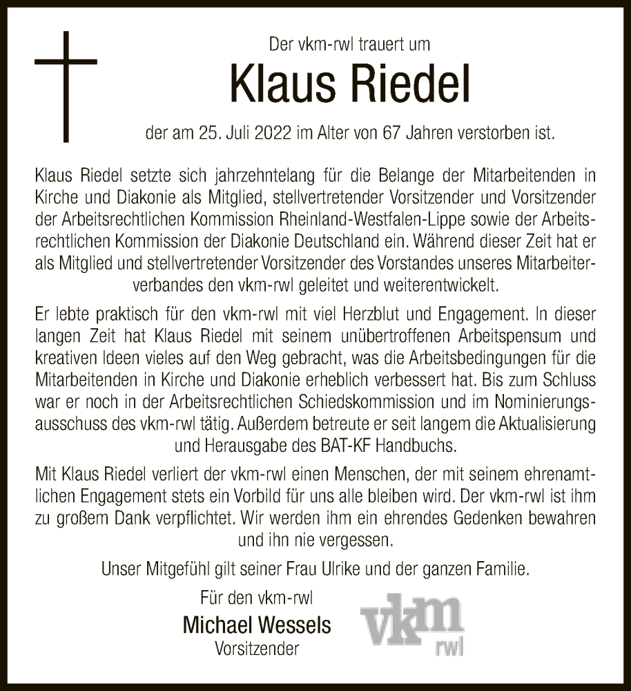  Traueranzeige für Klaus Riedel vom 30.07.2022 aus Neue Westfälische