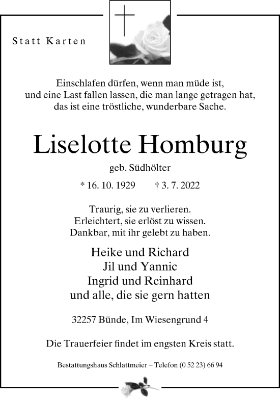 Traueranzeige von Liselotte Homburg von Neue Westfälische