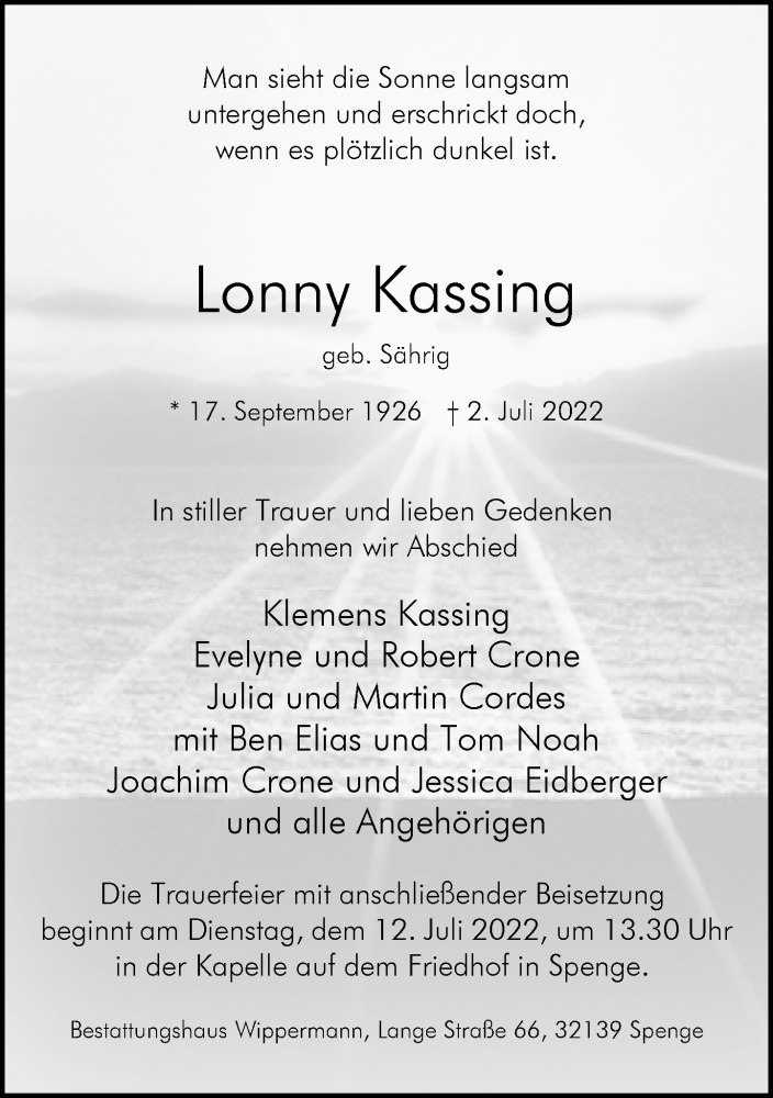  Traueranzeige für Lonny Kassing vom 09.07.2022 aus Neue Westfälische