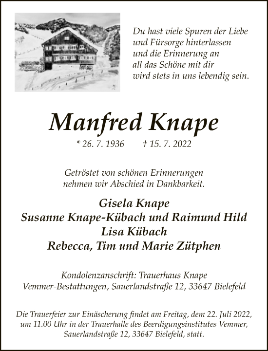 Traueranzeige von Manfred Knape von Neue Westfälische